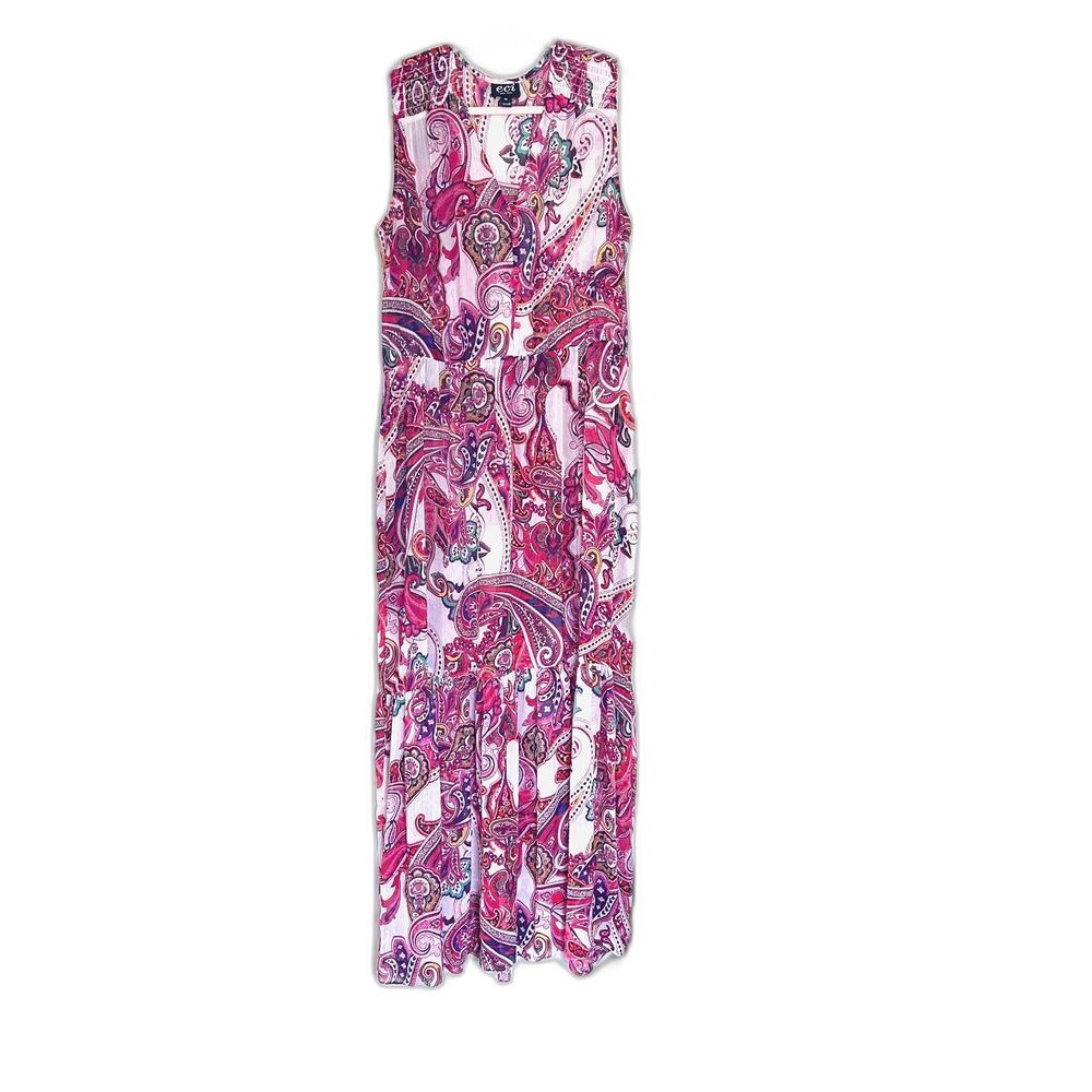 ECI New York Maxi Dress XL Pink Paisley Boho Sleeveless Tiered Crinkle Sheer